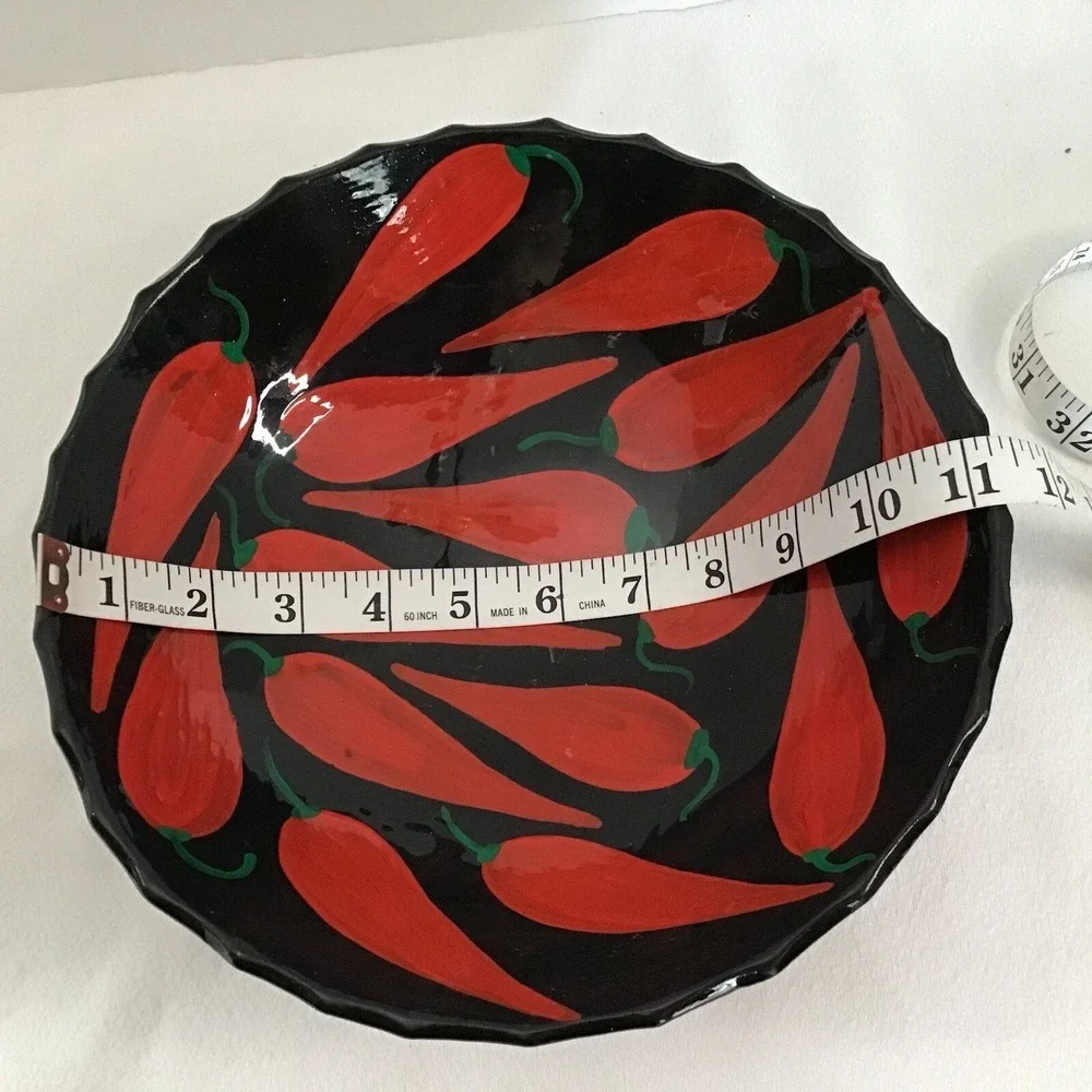 Vintage Mexican‎ Style Footed Bowl Hand Painted Red Chili Pepper Black Ceramic